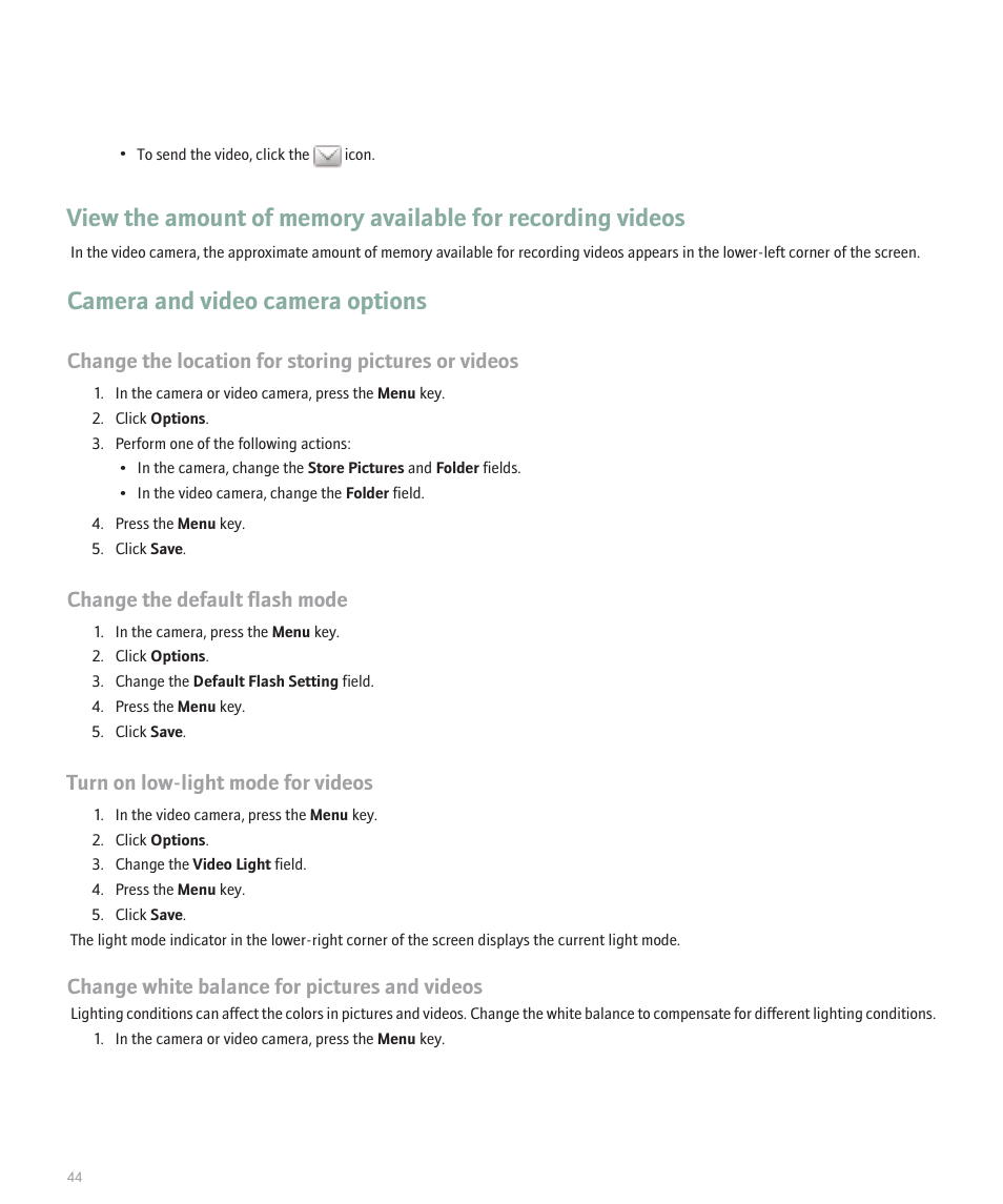 Camera and video camera options, Change the location for storing pictures or videos, Change the default flash mode | Turn on low-light mode for videos, Change white balance for pictures and videos | Blackberry 8330 User Manual | Page 46 / 272