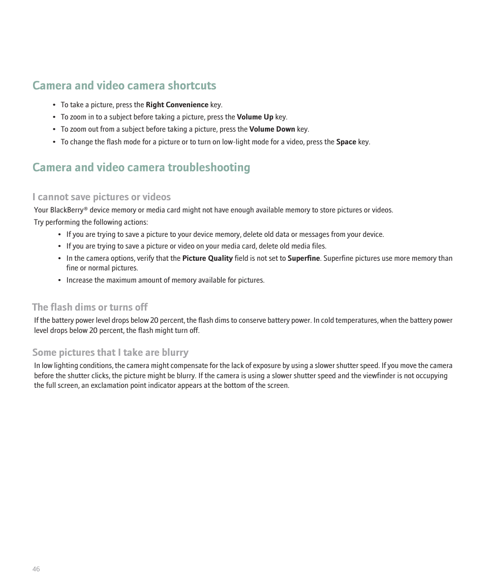 Camera and video camera shortcuts, Camera and video camera troubleshooting | Blackberry 8330 User Manual | Page 48 / 272