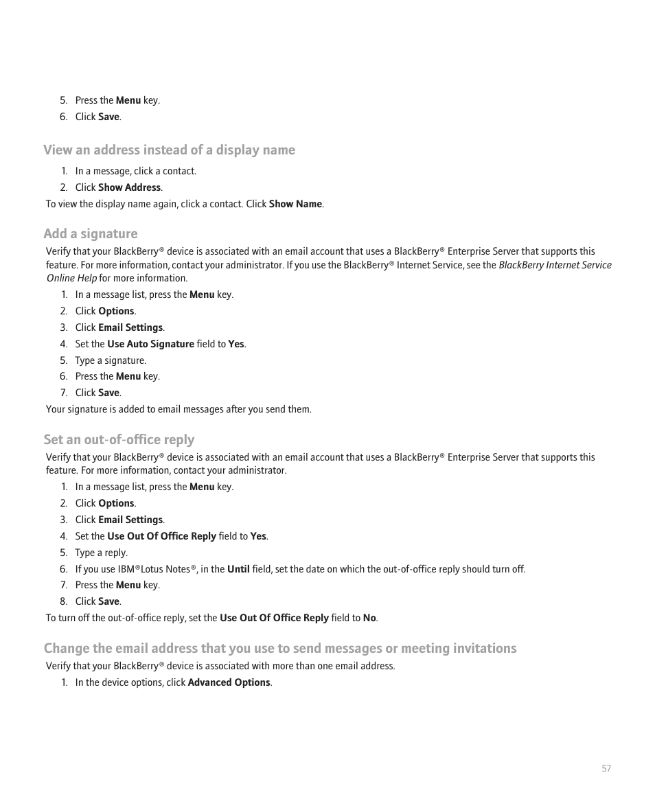 View an address instead of a display name, Add a signature, Set an out-of-office reply | Blackberry 8330 User Manual | Page 59 / 272
