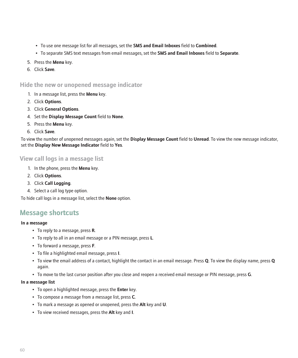 Message shortcuts, Hide the new or unopened message indicator, View call logs in a message list | Blackberry 8330 User Manual | Page 62 / 272