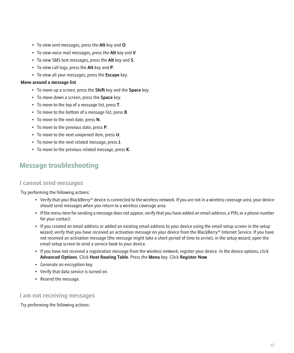 Message troubleshooting, I cannot send messages, I am not receiving messages | Blackberry 8330 User Manual | Page 63 / 272