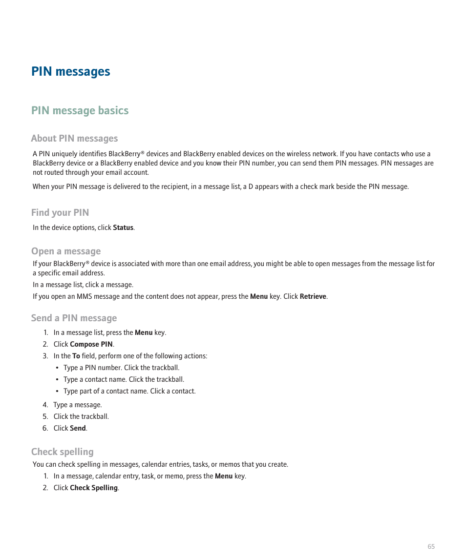 Pin messages, Pin message basics | Blackberry 8330 User Manual | Page 67 / 272