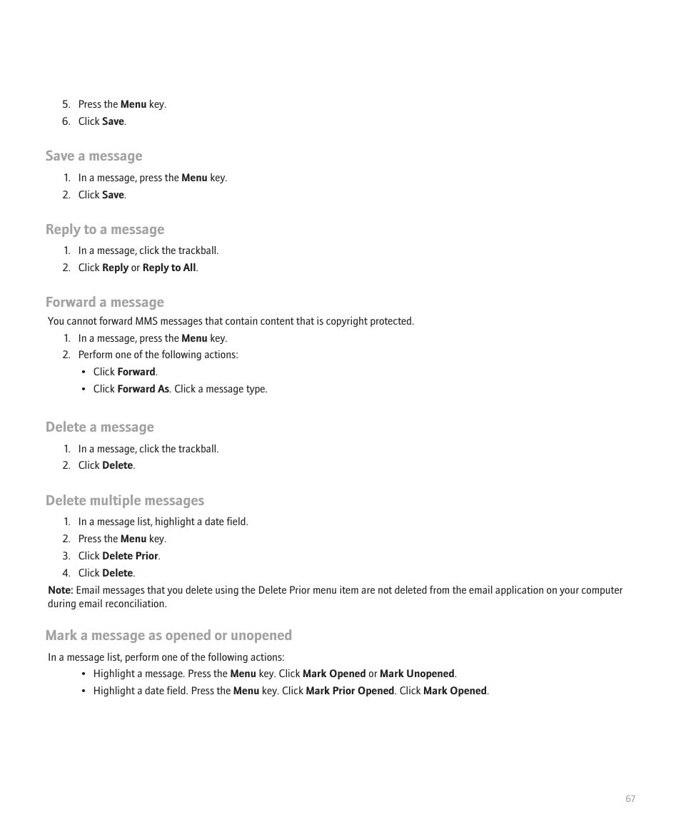 Save a message, Reply to a message, Forward a message | Delete a message, Delete multiple messages, Mark a message as opened or unopened | Blackberry 8330 User Manual | Page 69 / 272