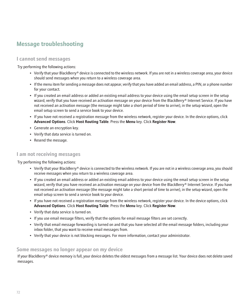 Message troubleshooting, I cannot send messages, I am not receiving messages | Some messages no longer appear on my device | Blackberry 8330 User Manual | Page 74 / 272