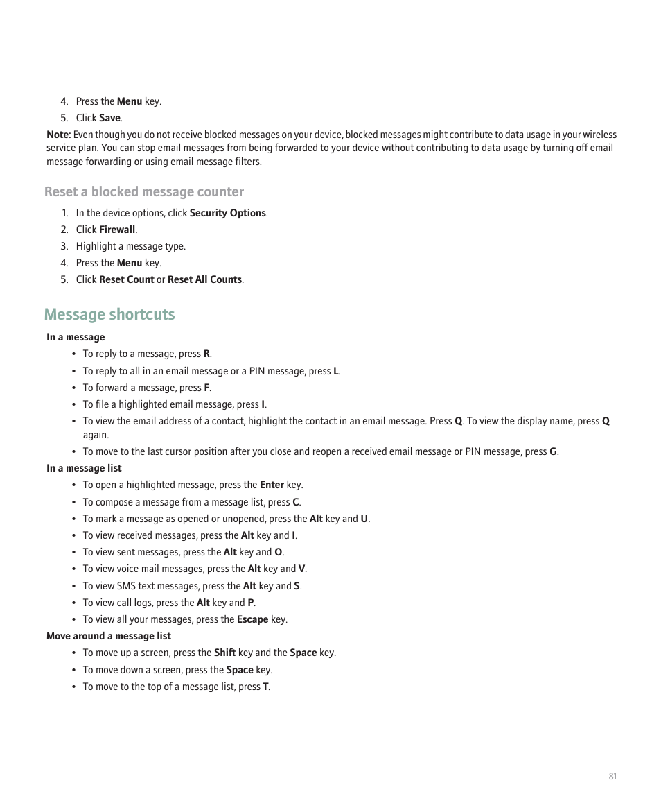 Message shortcuts, Reset a blocked message counter | Blackberry 8330 User Manual | Page 83 / 272