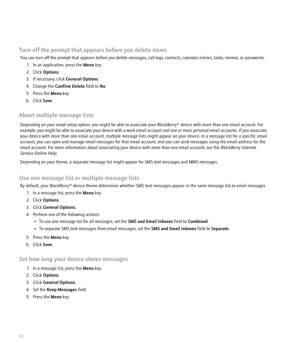 About multiple message lists, Use one message list or multiple message lists, Set how long your device stores messages | Blackberry 8330 User Manual | Page 94 / 272