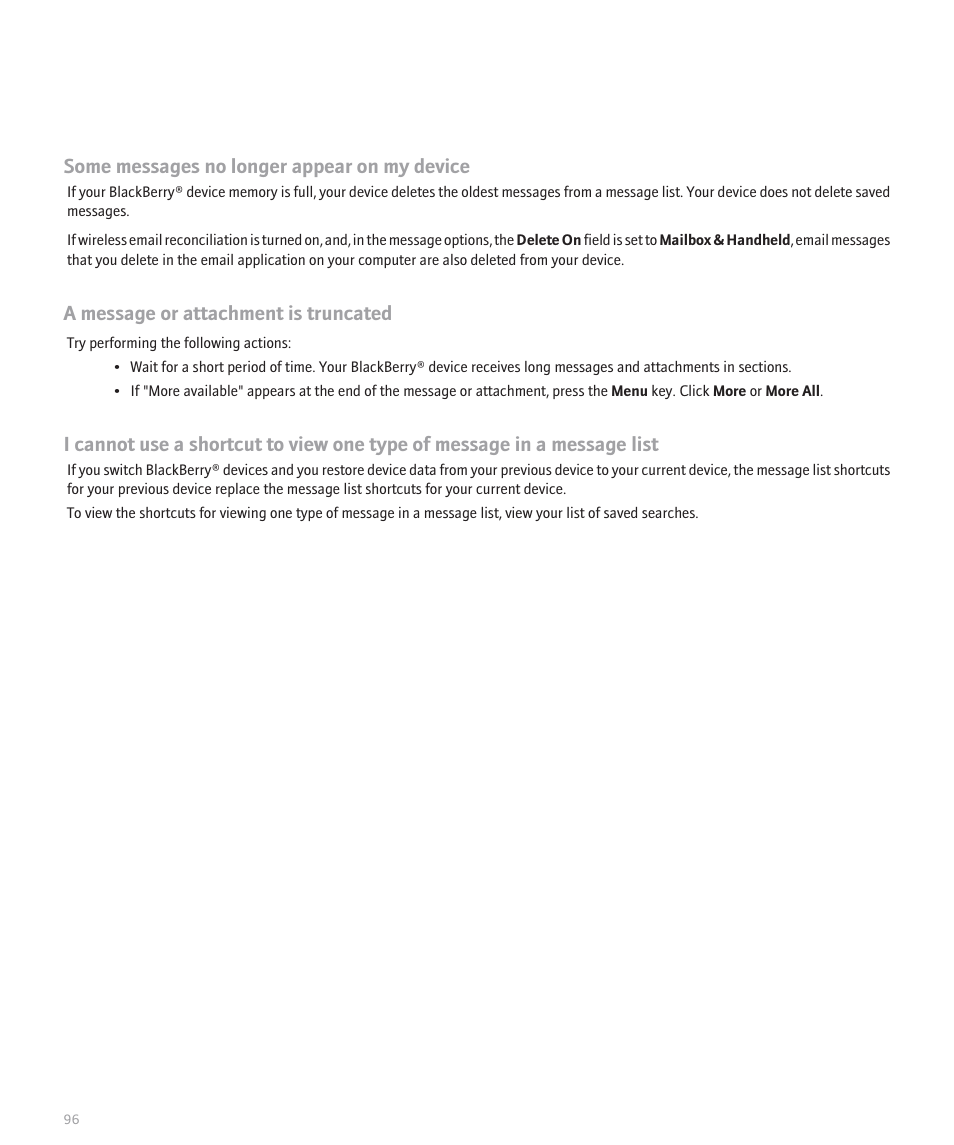 Some messages no longer appear on my device, A message or attachment is truncated | Blackberry 8330 User Manual | Page 98 / 272