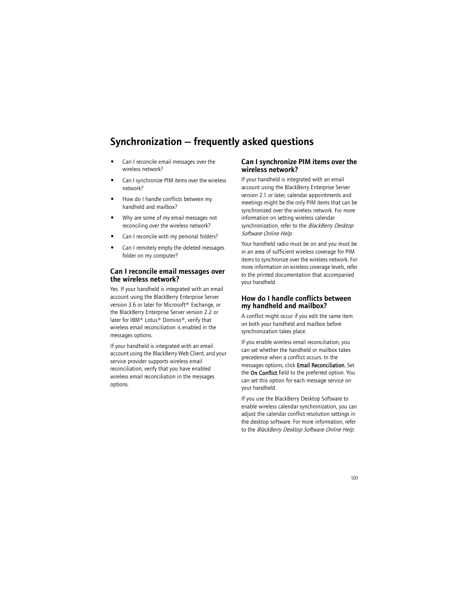 Synchronization - frequently asked questions, Synchronization — frequently asked questions | Blackberry BlackBerry User Manual | Page 101 / 140