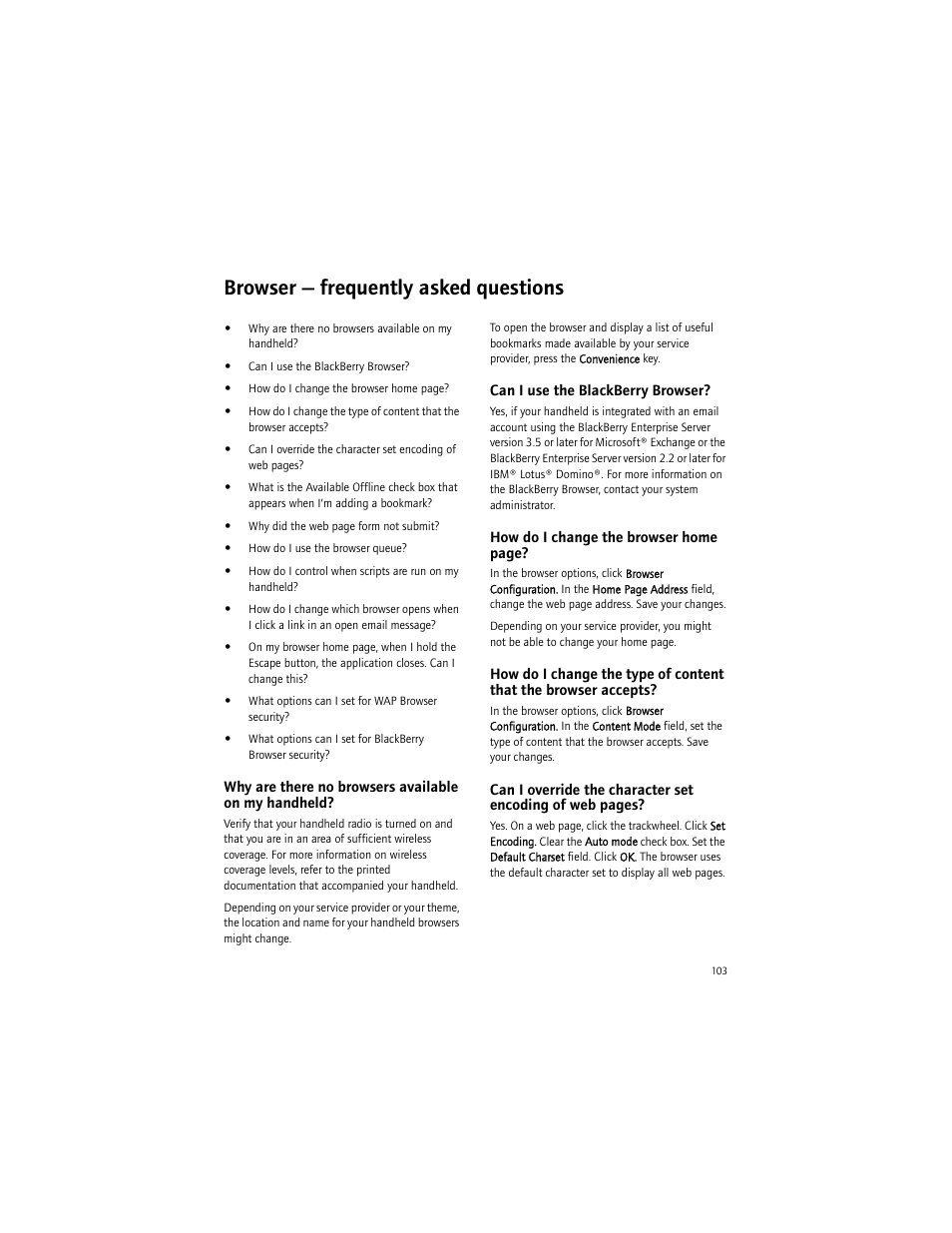 Browser - frequently asked questions, Why are there no browsers available on my handheld, Can i use the blackberry browser | Browser — frequently asked questions | Blackberry BlackBerry User Manual | Page 103 / 140