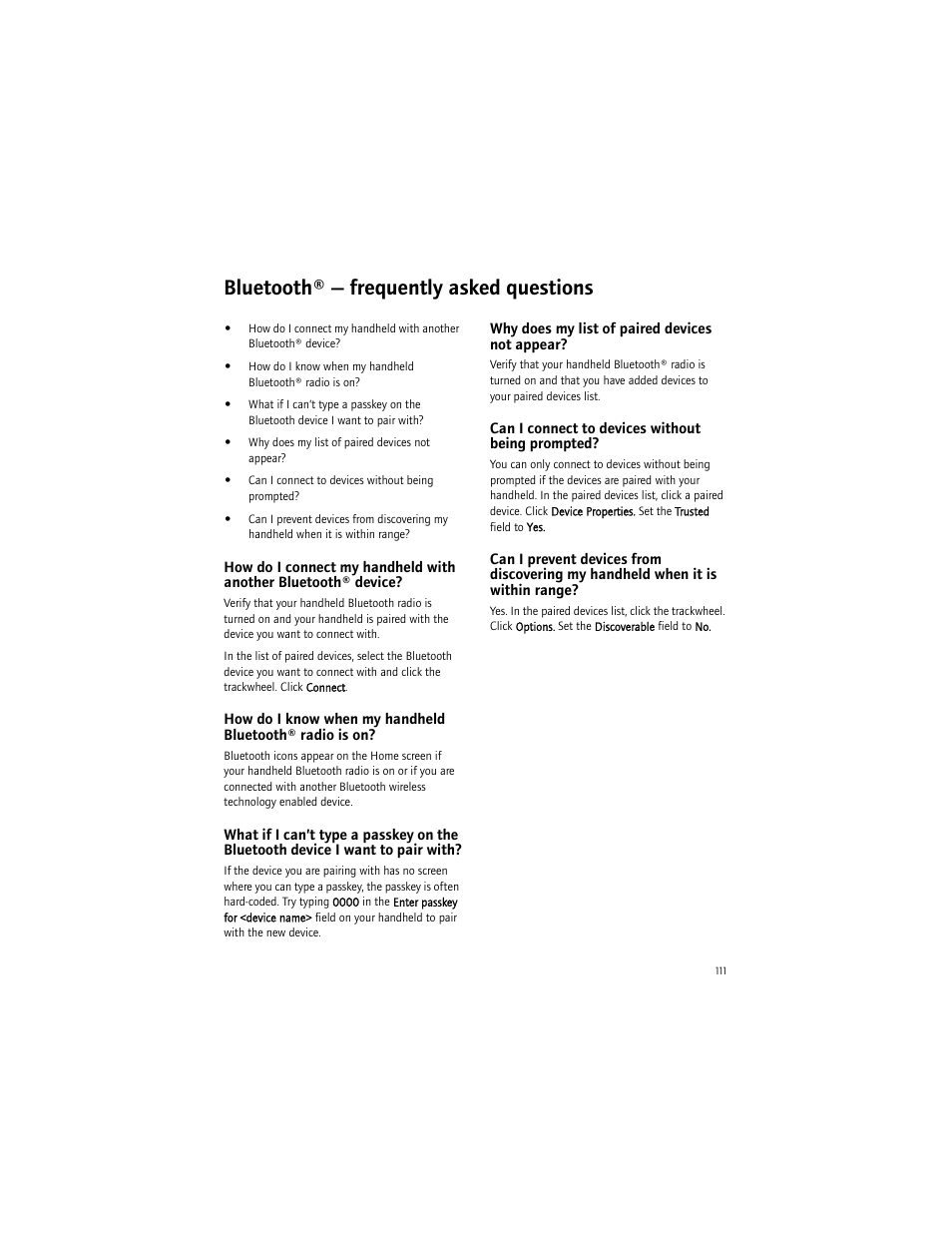 Bluetooth® - frequently asked questions, Why does my list of paired devices not appear, Can i connect to devices without being prompted | Bluetooth® — frequently asked questions | Blackberry BlackBerry User Manual | Page 111 / 140
