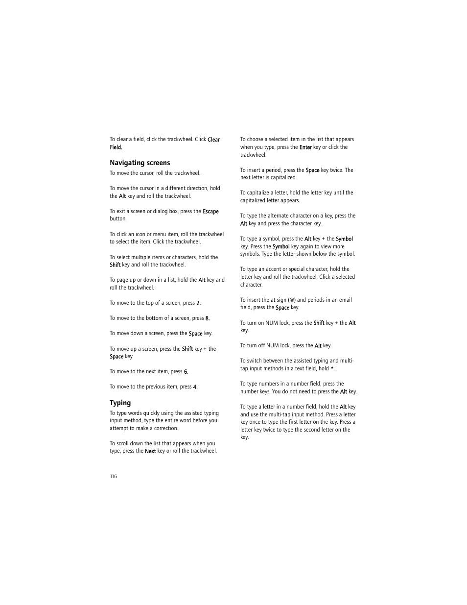 Navigating screens, Typing | Blackberry BlackBerry User Manual | Page 116 / 140