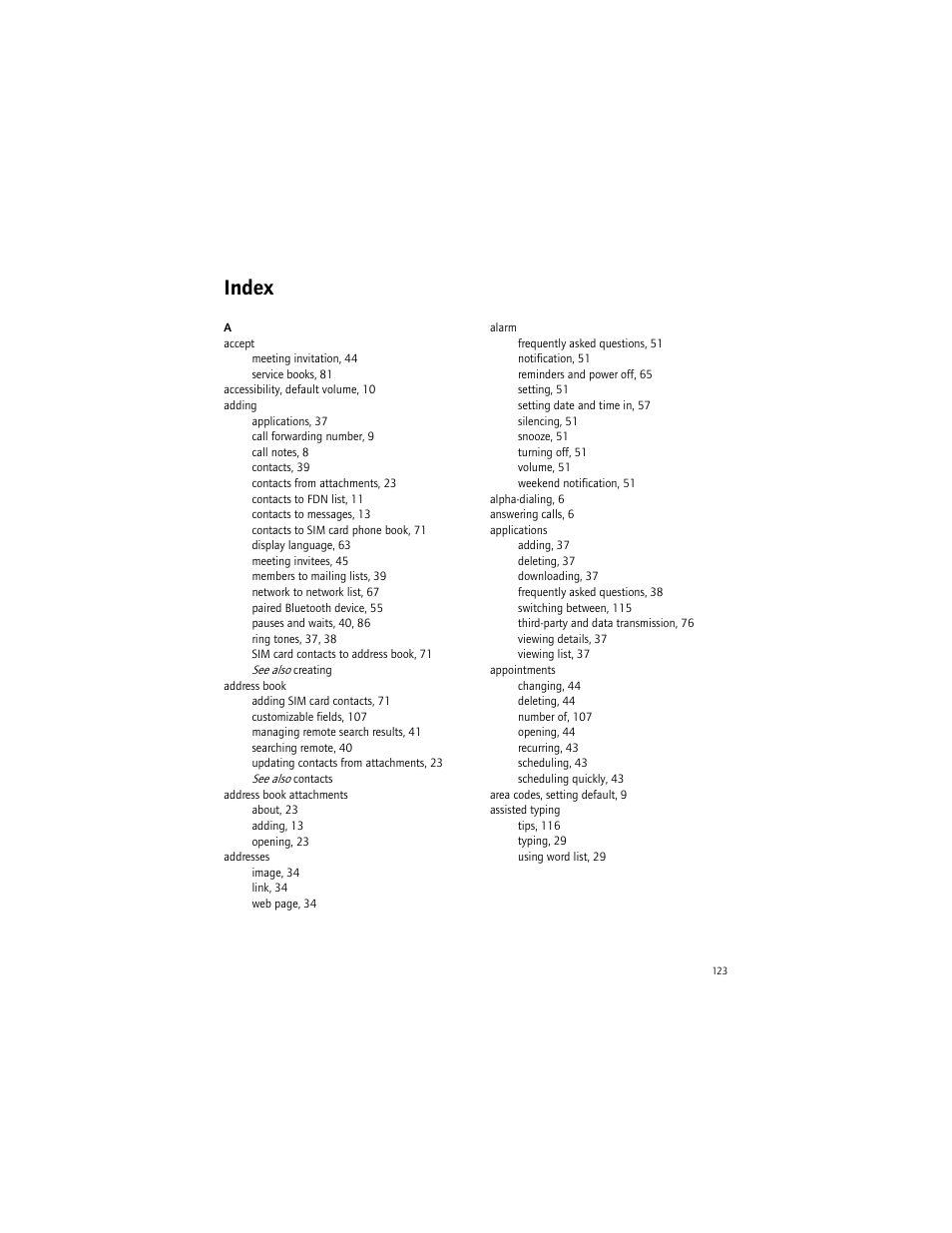 Index | Blackberry BlackBerry User Manual | Page 123 / 140