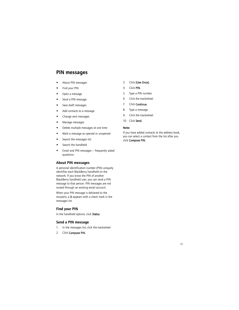 Pin messages, About pin messages, Find your pin | Send a pin message | Blackberry BlackBerry User Manual | Page 15 / 140