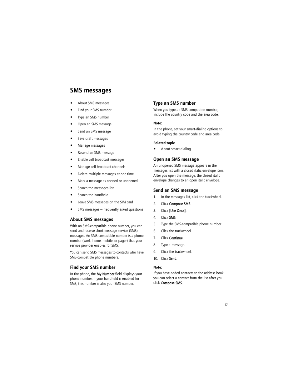 Sms messages, About sms messages, Find your sms number | Type an sms number, Open an sms message, Send an sms message | Blackberry BlackBerry User Manual | Page 17 / 140