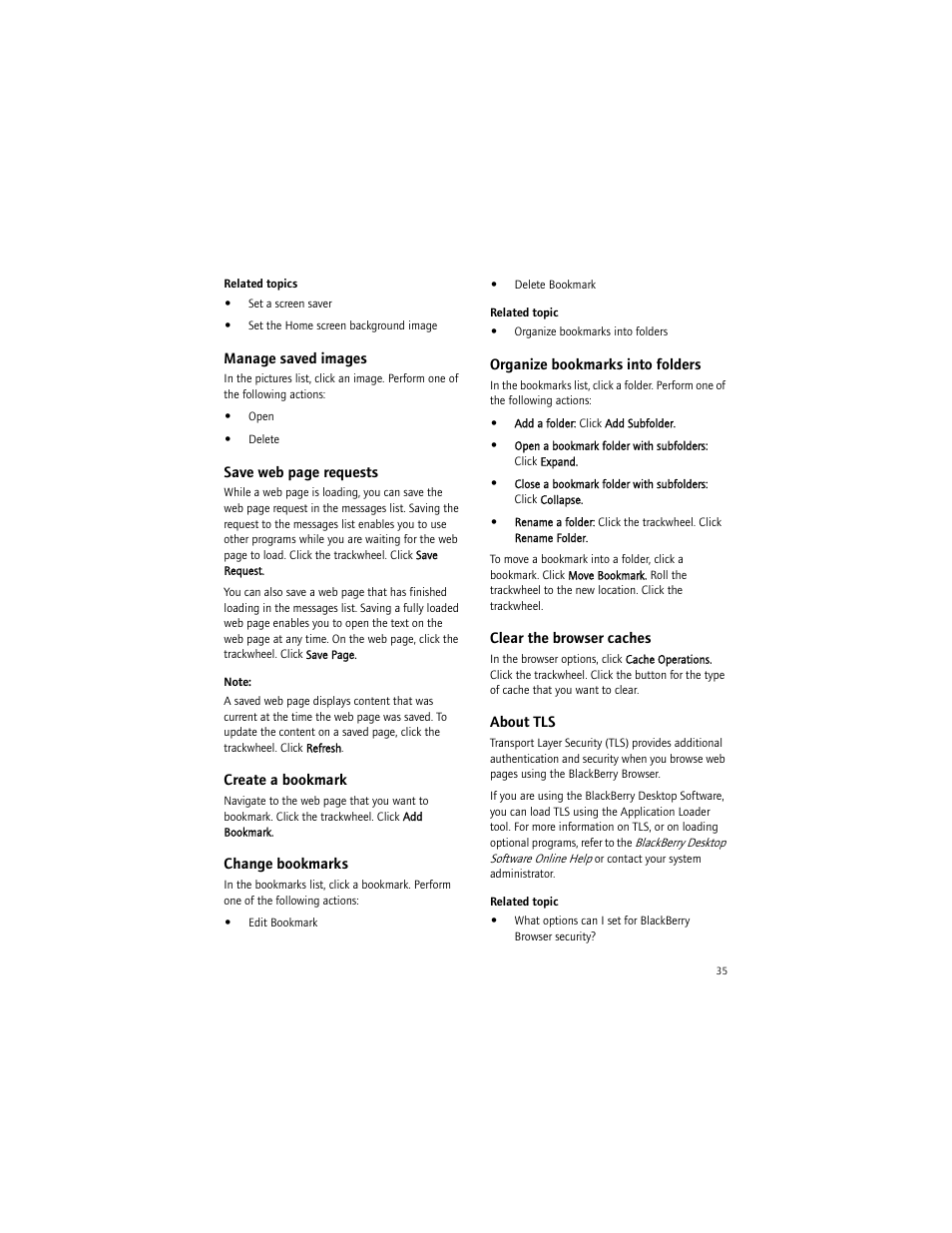 Manage saved images, Create a bookmark, Change bookmarks | Organize bookmarks into folders, Clear the browser caches, About tls | Blackberry BlackBerry User Manual | Page 35 / 140