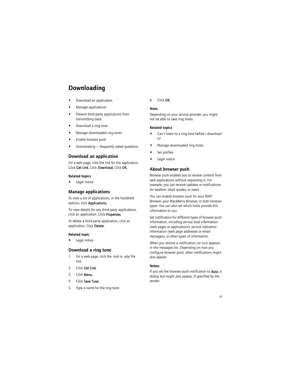 Downloading, Download an application, Manage applications | Download a ring tone, About browser push | Blackberry BlackBerry User Manual | Page 37 / 140