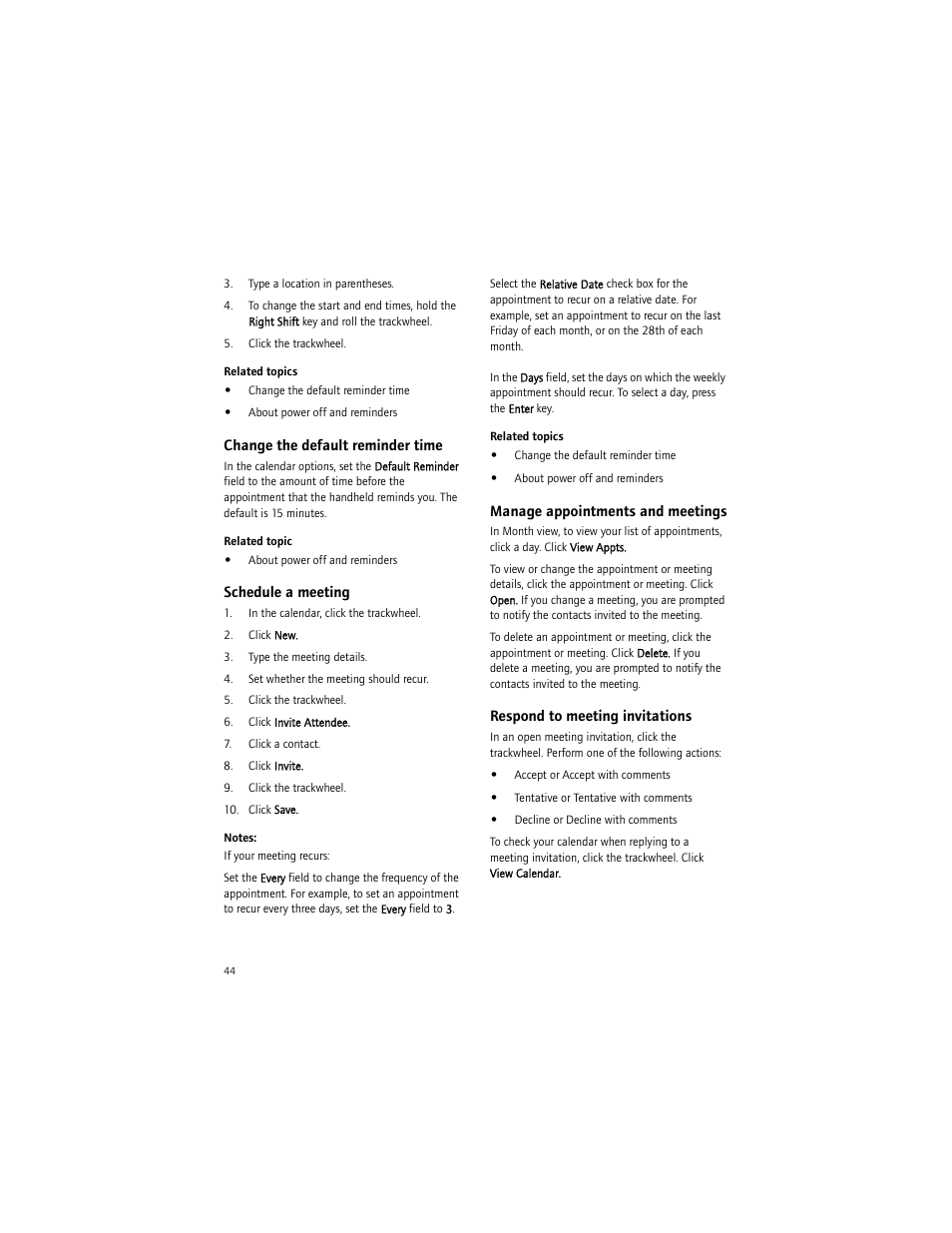 Change the default reminder time, Schedule a meeting, Manage appointments and meetings | Respond to meeting invitations | Blackberry BlackBerry User Manual | Page 44 / 140