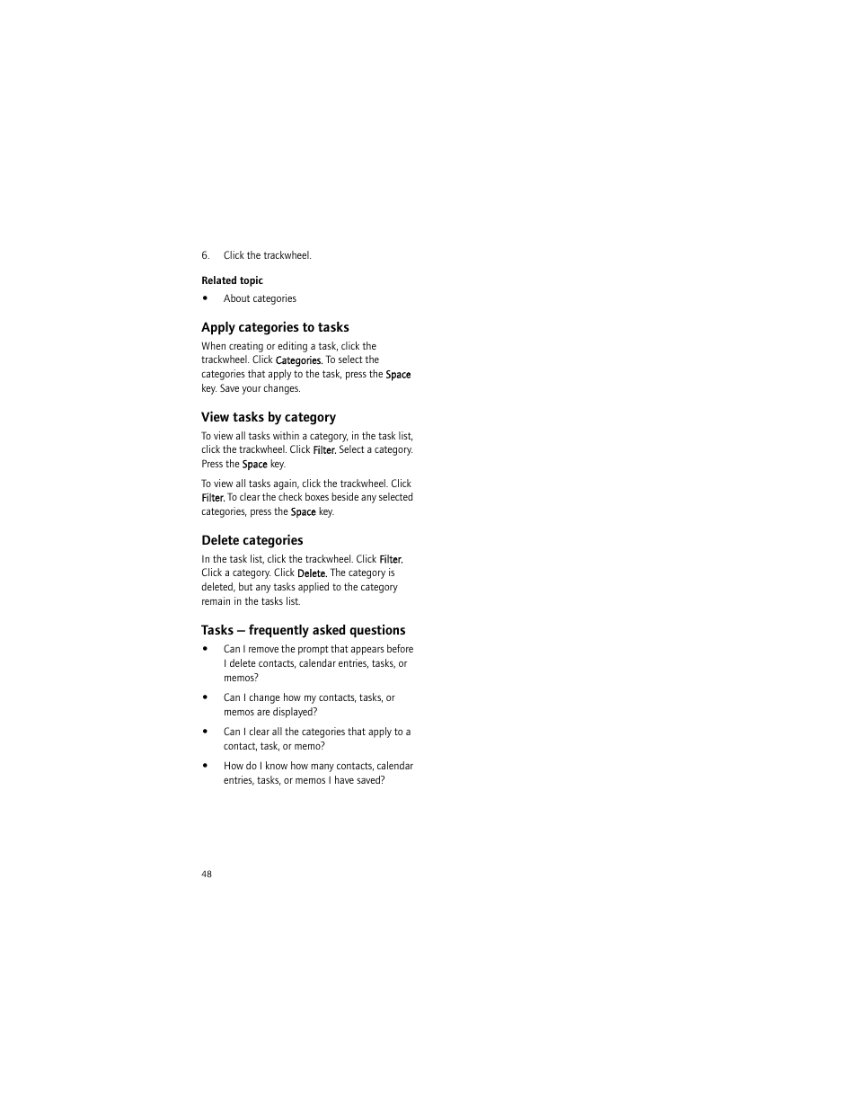 Apply categories to tasks, View tasks by category, Delete categories | Tasks - frequently asked questions, Tasks — frequently asked questions | Blackberry BlackBerry User Manual | Page 48 / 140