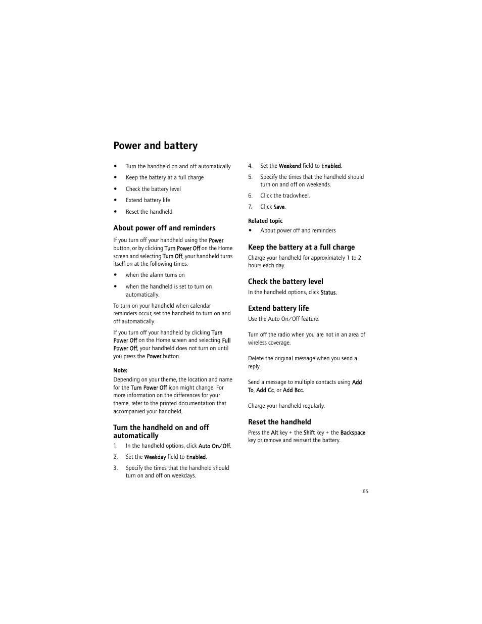 Power and battery, About power off and reminders, Turn the handheld on and off automatically | Keep the battery at a full charge, Check the battery level, Extend battery life, Reset the handheld | Blackberry BlackBerry User Manual | Page 65 / 140