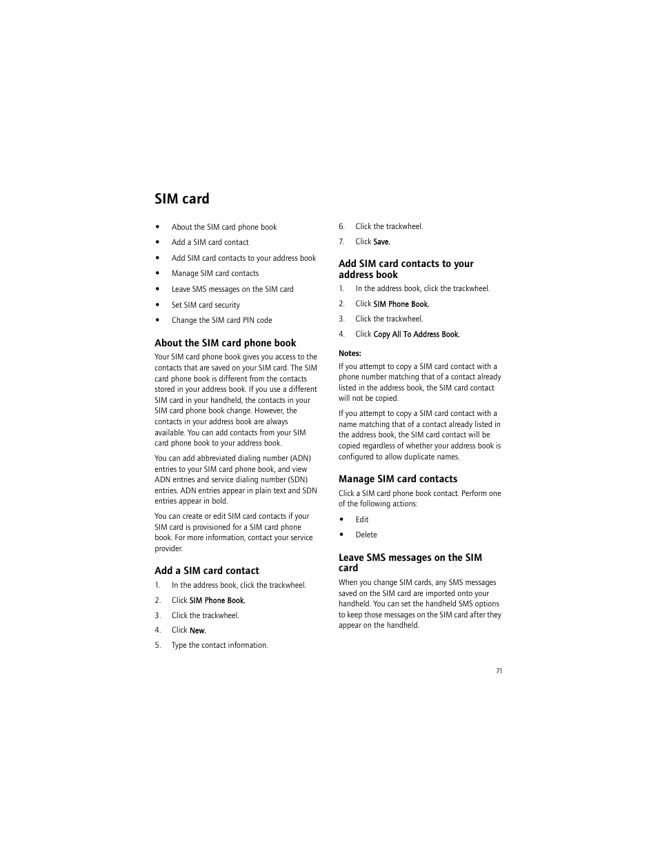 Sim card, About the sim card phone book, Add a sim card contact | Add sim card contacts to your address book, Manage sim card contacts, Leave sms messages on the sim card | Blackberry BlackBerry User Manual | Page 71 / 140