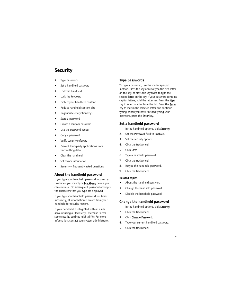 Security, About the handheld password, Type passwords | Set a handheld password, Change the handheld password | Blackberry BlackBerry User Manual | Page 73 / 140