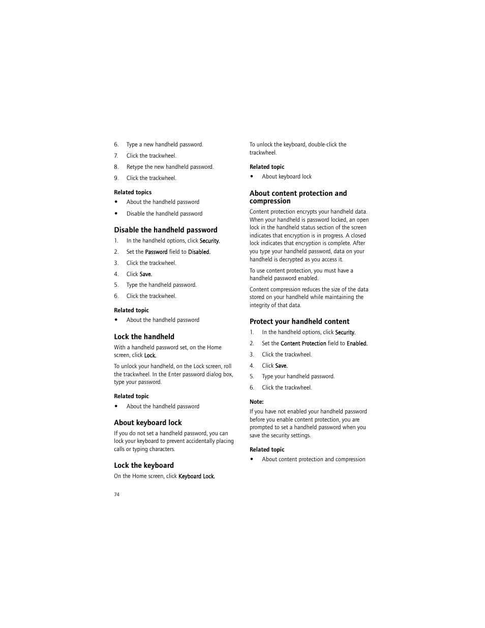 Disable the handheld password, Lock the handheld, About keyboard lock | Lock the keyboard, About content protection and compression, Protect your handheld content | Blackberry BlackBerry User Manual | Page 74 / 140