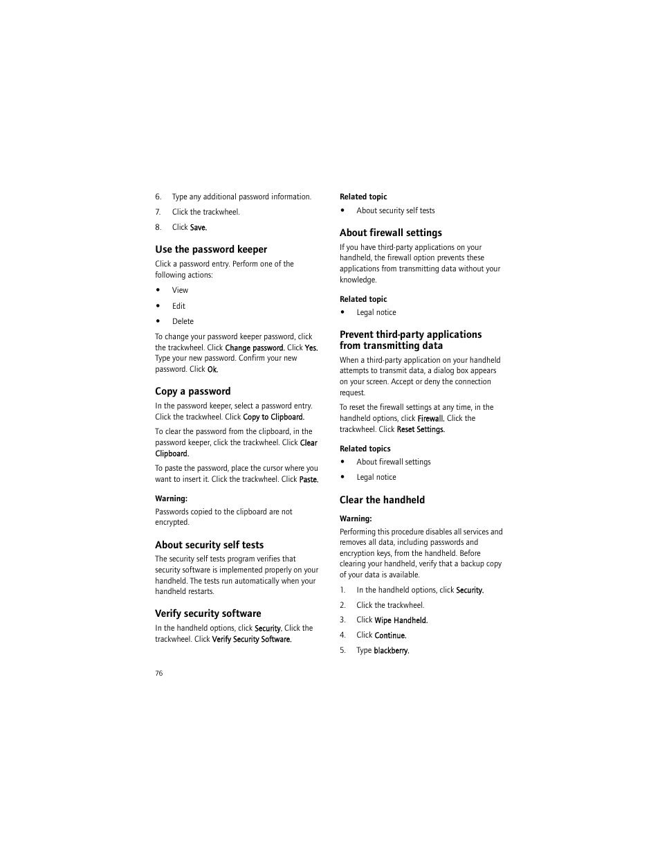 Use the password keeper, Copy a password, About security self tests | Verify security software, About firewall settings, Clear the handheld | Blackberry BlackBerry User Manual | Page 76 / 140
