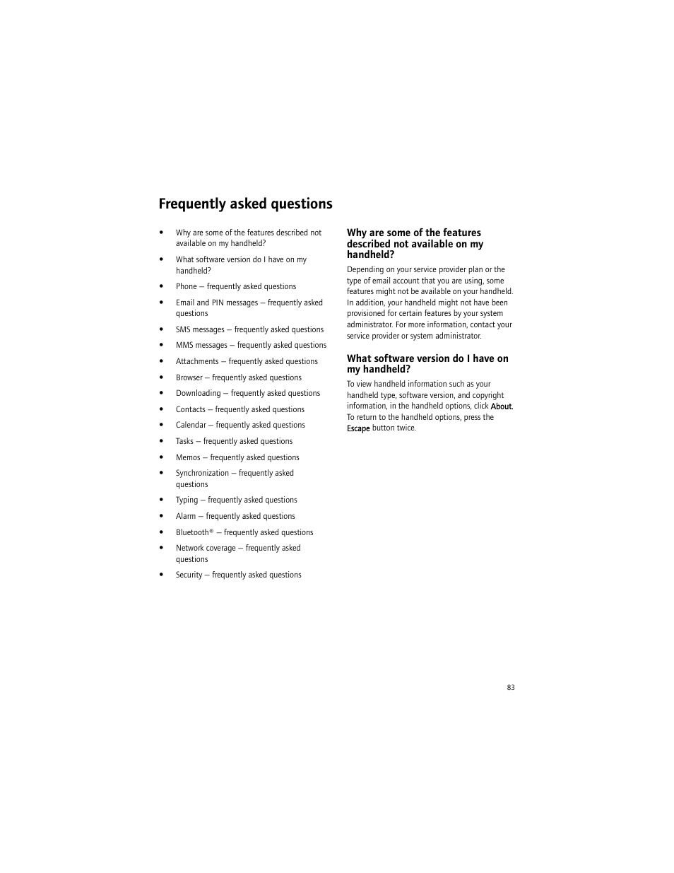Frequently asked questions, What software version do i have on my handheld | Blackberry BlackBerry User Manual | Page 83 / 140
