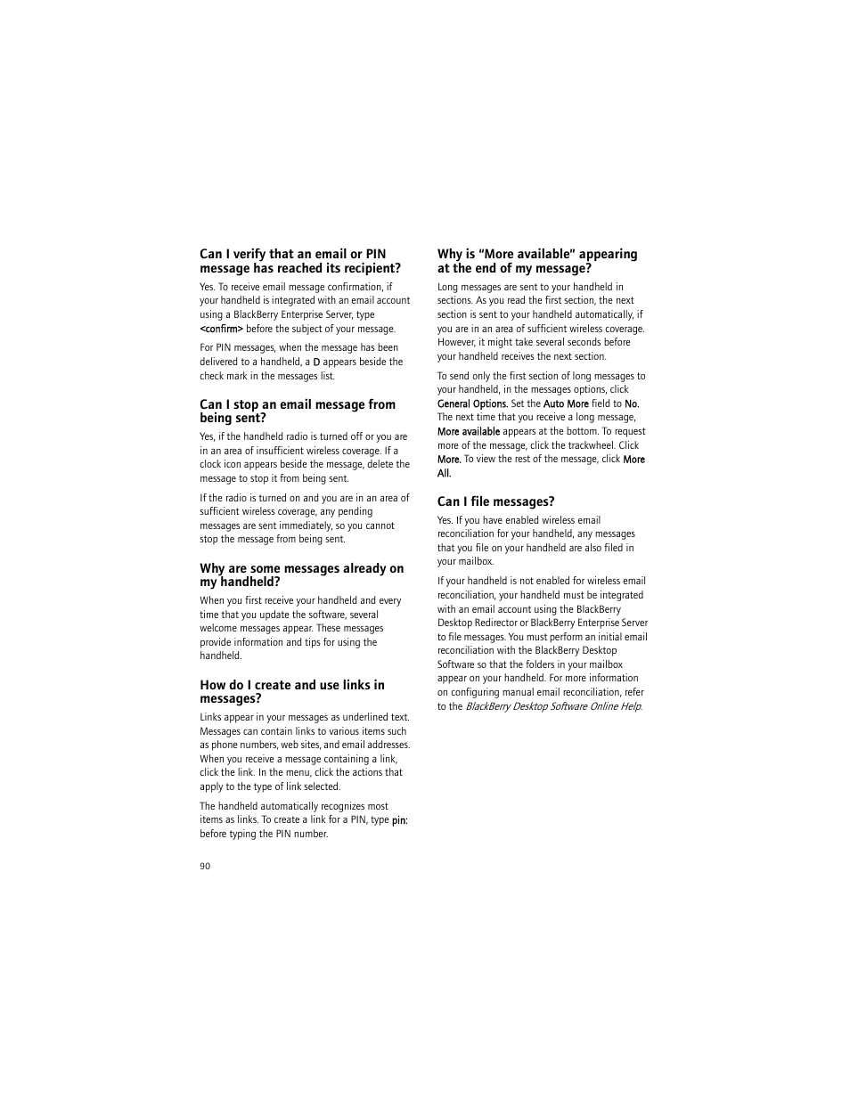 Can i stop an email message from being sent, Why are some messages already on my handheld, How do i create and use links in messages | Can i file messages | Blackberry BlackBerry User Manual | Page 90 / 140