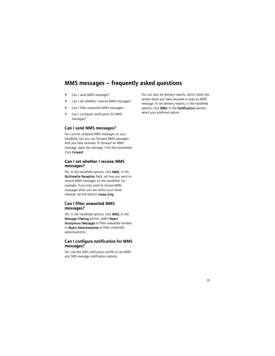 Mms messages - frequently asked questions, Can i send mms messages, Can i set whether i receive mms messages | Can i filter unwanted mms messages, Can i configure notification for mms messages, Mms messages — frequently asked questions | Blackberry BlackBerry User Manual | Page 95 / 140