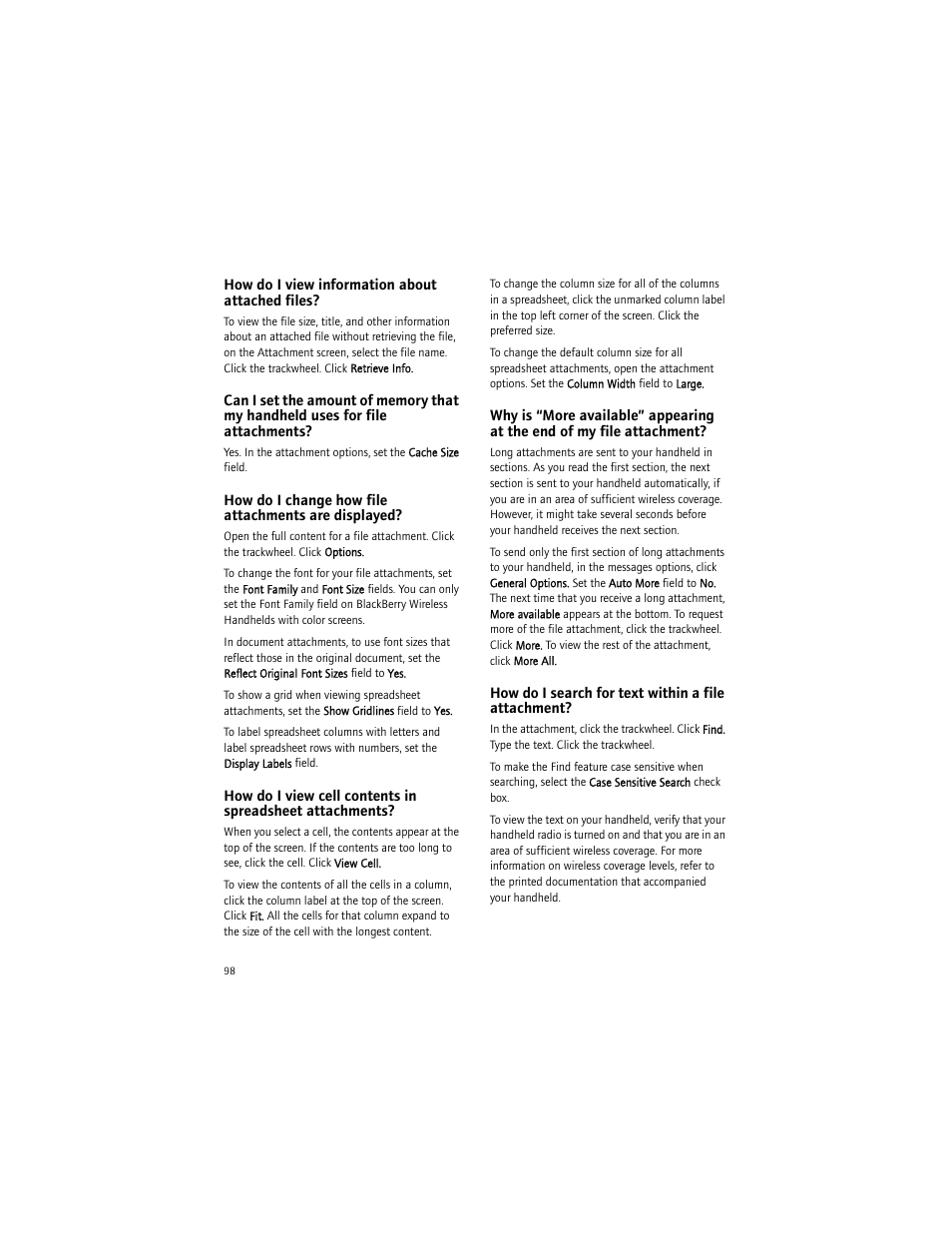 How do i view information about attached files, How do i change how file attachments are displayed, How do i search for text within a file attachment | Blackberry BlackBerry User Manual | Page 98 / 140