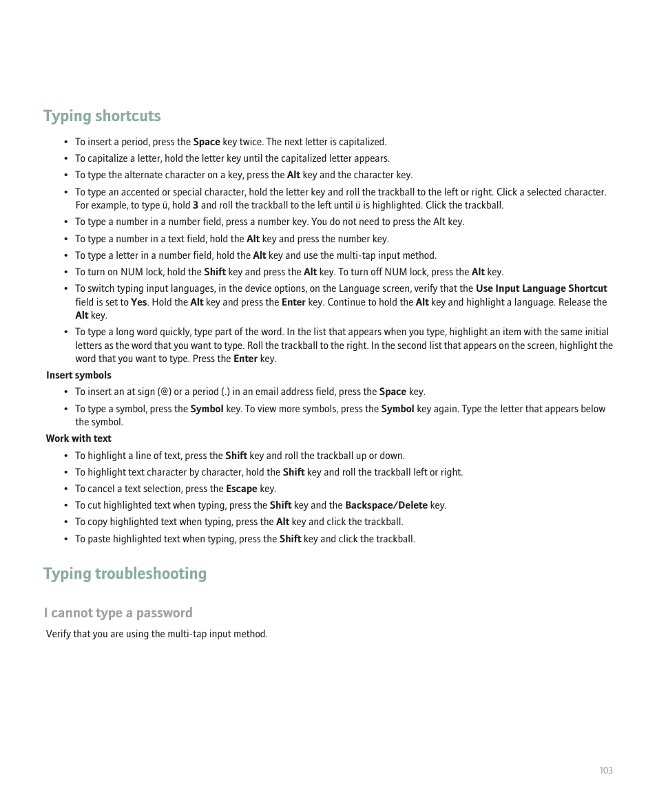 Typing shortcuts, Typing troubleshooting, I cannot type a password | Blackberry Pearl 8130 User Manual | Page 105 / 270