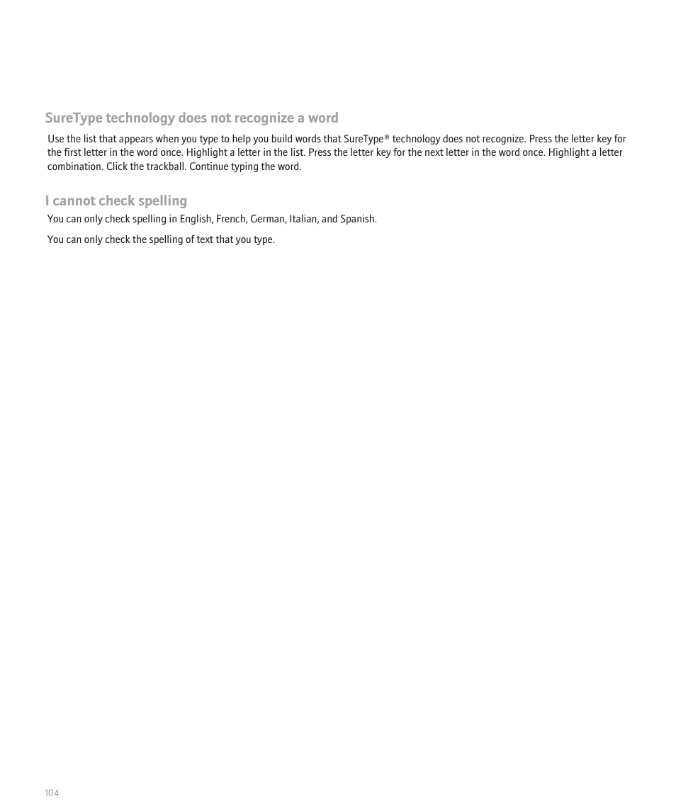 Suretype technology does not recognize a word, I cannot check spelling | Blackberry Pearl 8130 User Manual | Page 106 / 270