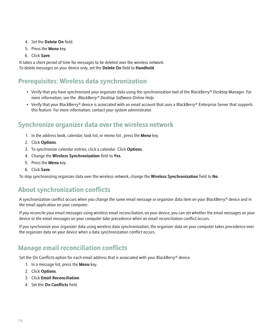 Prerequisites: wireless data synchronization, About synchronization conflicts, Manage email reconciliation conflicts | Blackberry Pearl 8130 User Manual | Page 118 / 270