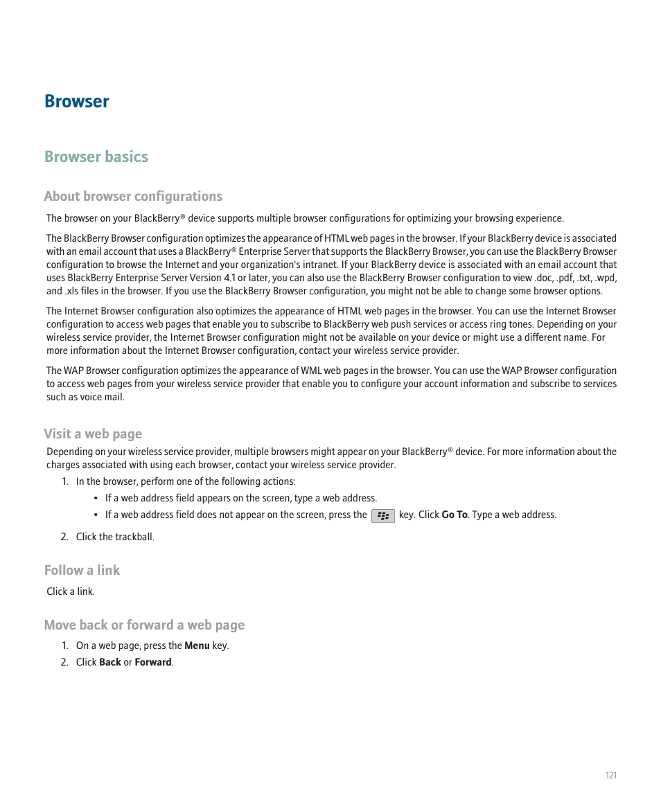 Browser, Browser basics, About browser configurations | Visit a web page, Follow a link, Move back or forward a web page | Blackberry Pearl 8130 User Manual | Page 123 / 270