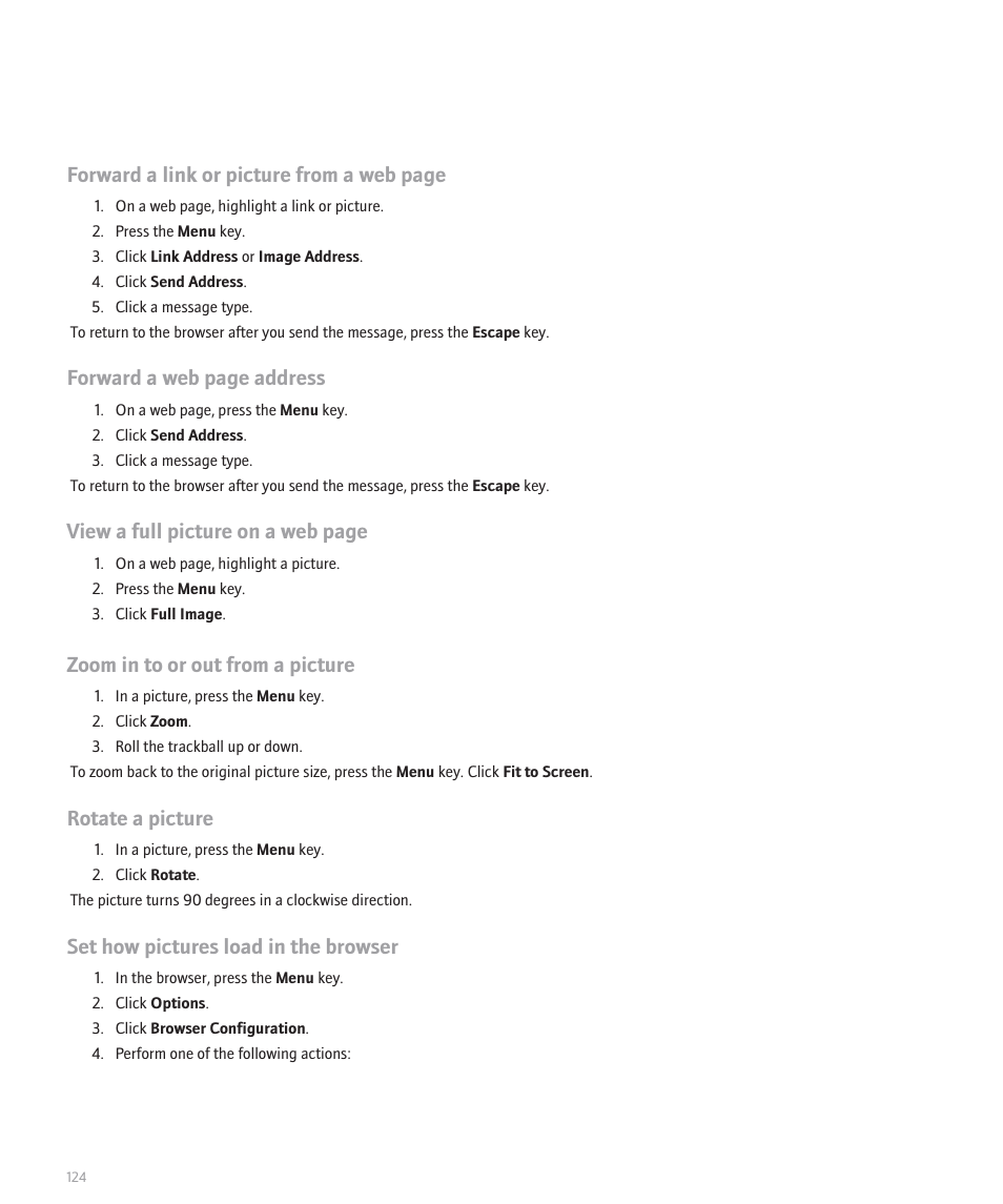Forward a link or picture from a web page, Forward a web page address, View a full picture on a web page | Zoom in to or out from a picture, Rotate a picture, Set how pictures load in the browser | Blackberry Pearl 8130 User Manual | Page 126 / 270