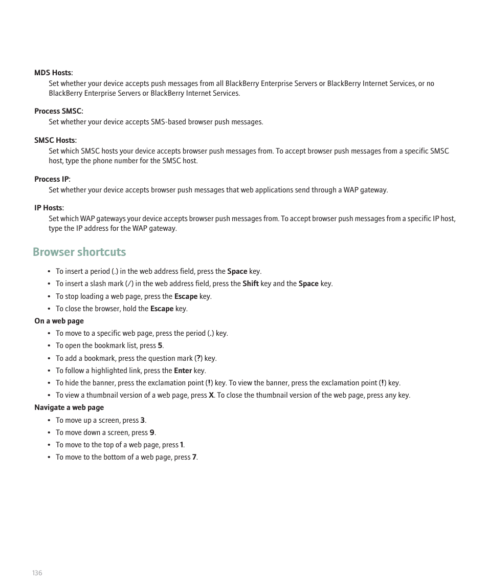 Browser shortcuts | Blackberry Pearl 8130 User Manual | Page 138 / 270