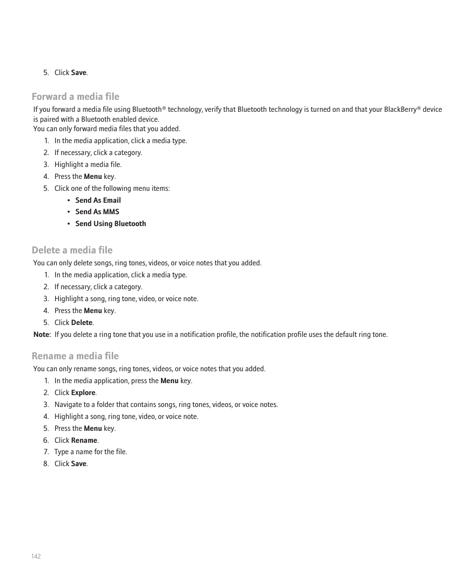 Forward a media file, Delete a media file, Rename a media file | Blackberry Pearl 8130 User Manual | Page 144 / 270