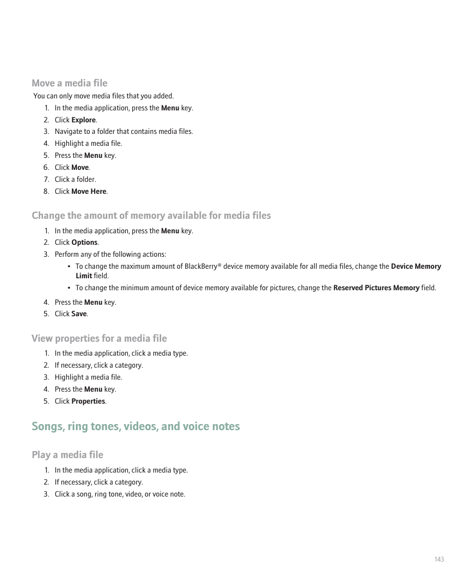 Songs, ring tones, videos, and voice notes, Move a media file, View properties for a media file | Play a media file | Blackberry Pearl 8130 User Manual | Page 145 / 270