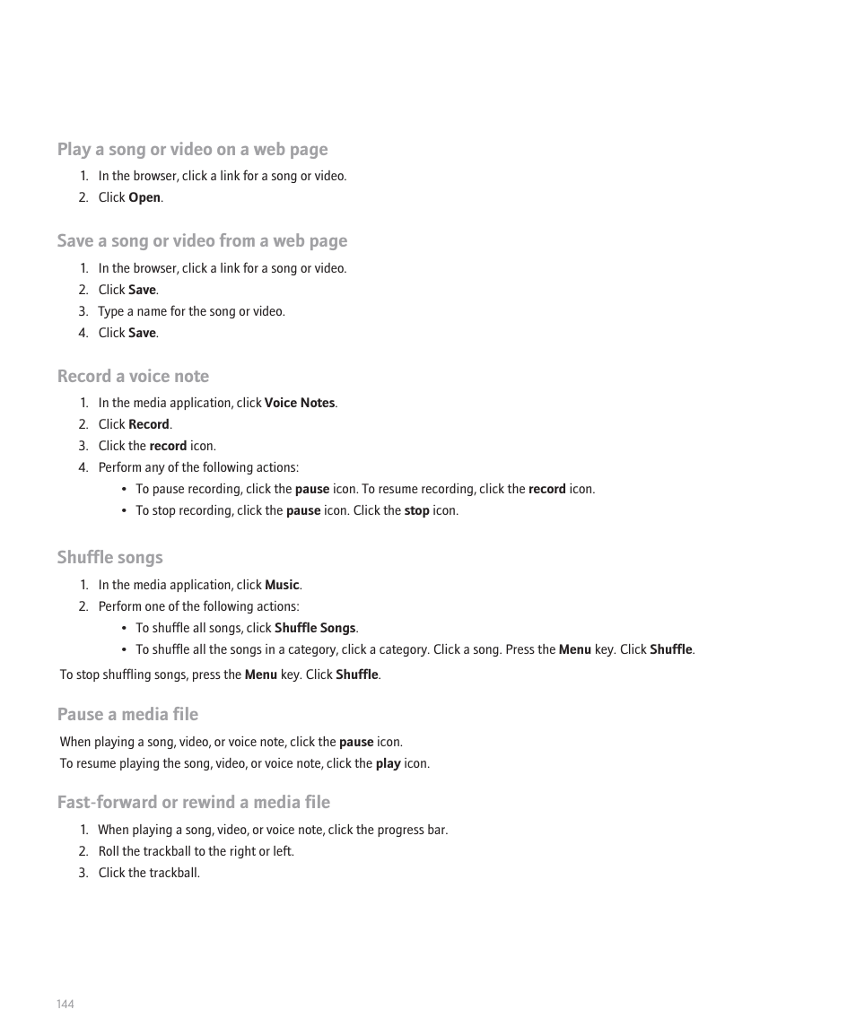 Play a song or video on a web page, Save a song or video from a web page, Shuffle songs | Pause a media file, Fast-forward or rewind a media file | Blackberry Pearl 8130 User Manual | Page 146 / 270