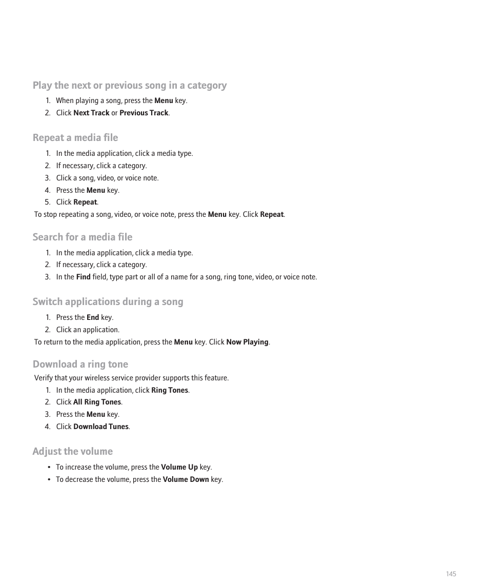 Play the next or previous song in a category, Repeat a media file, Search for a media file | Switch applications during a song, Download a ring tone, Adjust the volume | Blackberry Pearl 8130 User Manual | Page 147 / 270