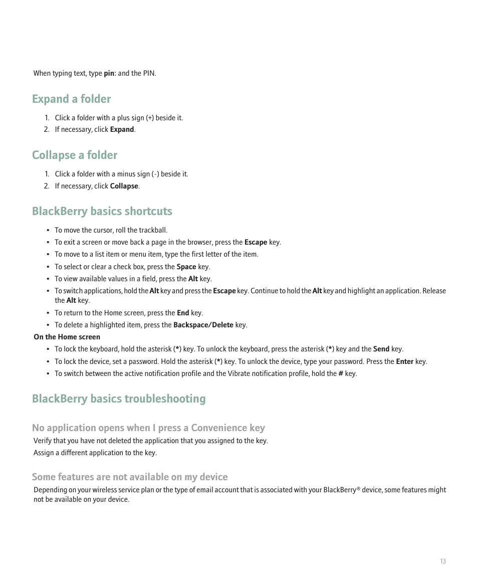 Expand a folder, Collapse a folder, Blackberry basics shortcuts | Blackberry basics troubleshooting, Some features are not available on my device | Blackberry Pearl 8130 User Manual | Page 15 / 270