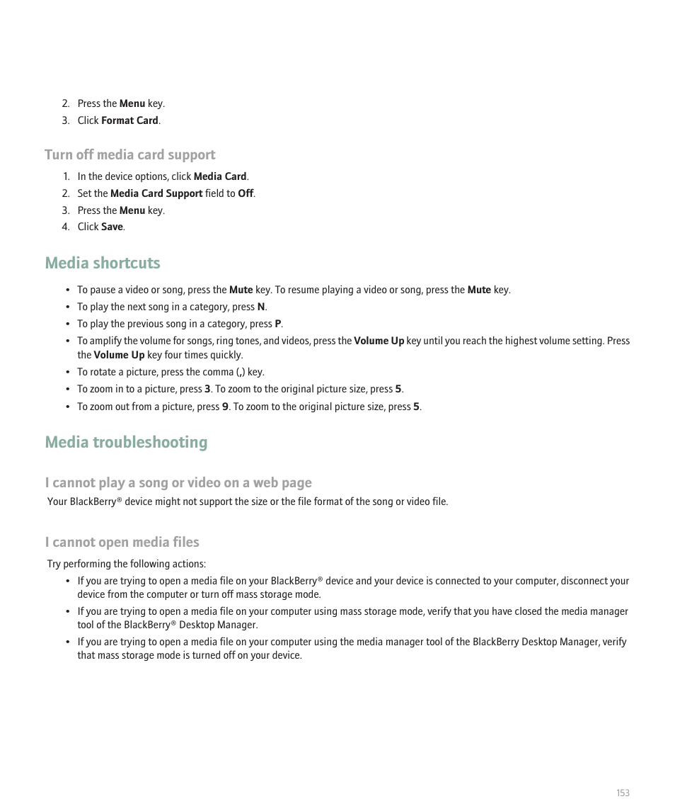 Media shortcuts, Media troubleshooting, Turn off media card support | I cannot play a song or video on a web page, I cannot open media files | Blackberry Pearl 8130 User Manual | Page 155 / 270