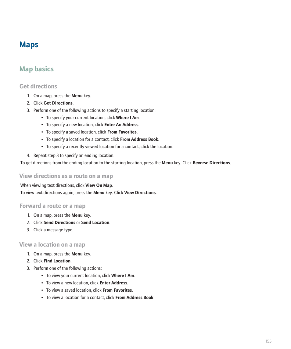 Maps, Map basics, Get directions | View directions as a route on a map, Forward a route or a map, View a location on a map | Blackberry Pearl 8130 User Manual | Page 157 / 270