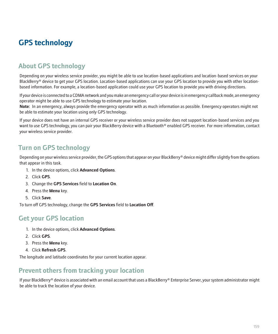 Gps technology, About gps technology, Turn on gps technology | Get your gps location, Prevent others from tracking your location | Blackberry Pearl 8130 User Manual | Page 161 / 270