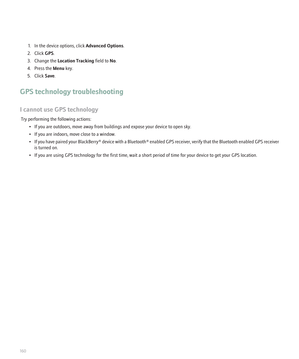 Gps technology troubleshooting, I cannot use gps technology | Blackberry Pearl 8130 User Manual | Page 162 / 270