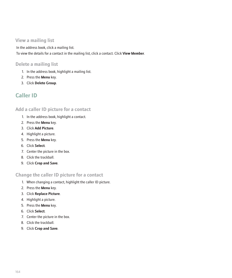 Caller id, View a mailing list, Delete a mailing list | Add a caller id picture for a contact, Change the caller id picture for a contact | Blackberry Pearl 8130 User Manual | Page 166 / 270