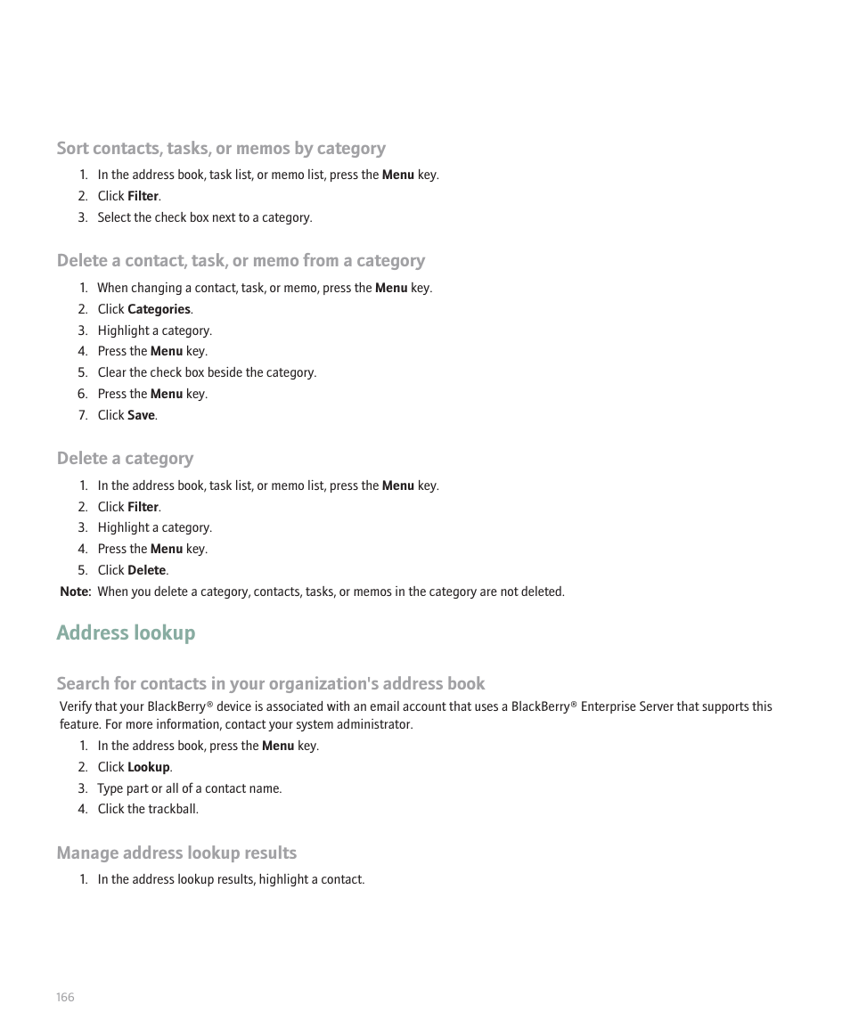 Address lookup, Delete a category, Manage address lookup results | Blackberry Pearl 8130 User Manual | Page 168 / 270