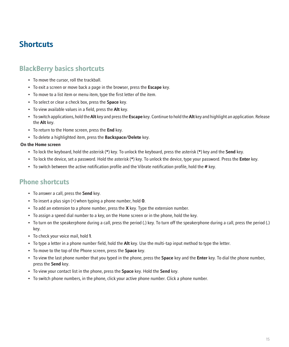 Shortcuts, Blackberry basics shortcuts, Phone shortcuts | Blackberry Pearl 8130 User Manual | Page 17 / 270