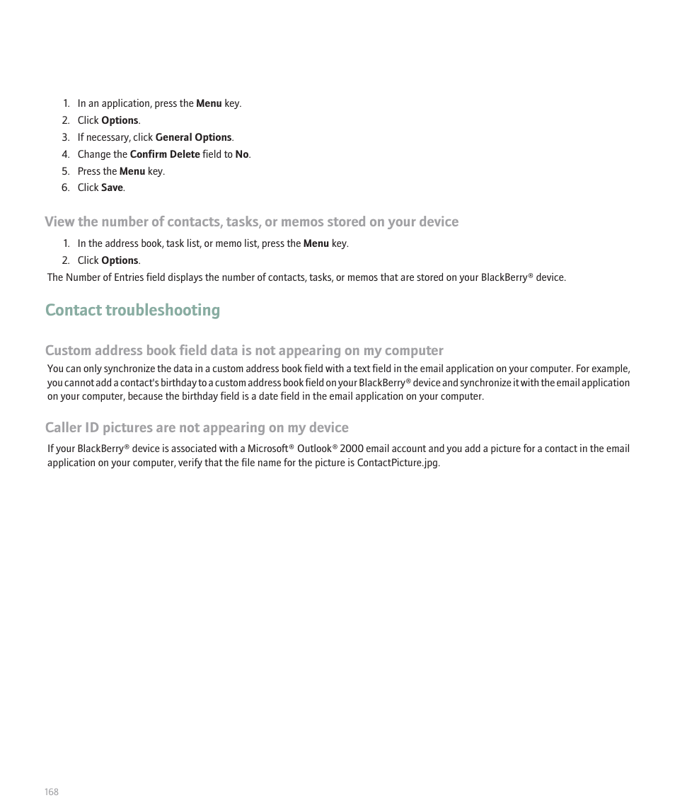 Contact troubleshooting, Caller id pictures are not appearing on my device | Blackberry Pearl 8130 User Manual | Page 170 / 270